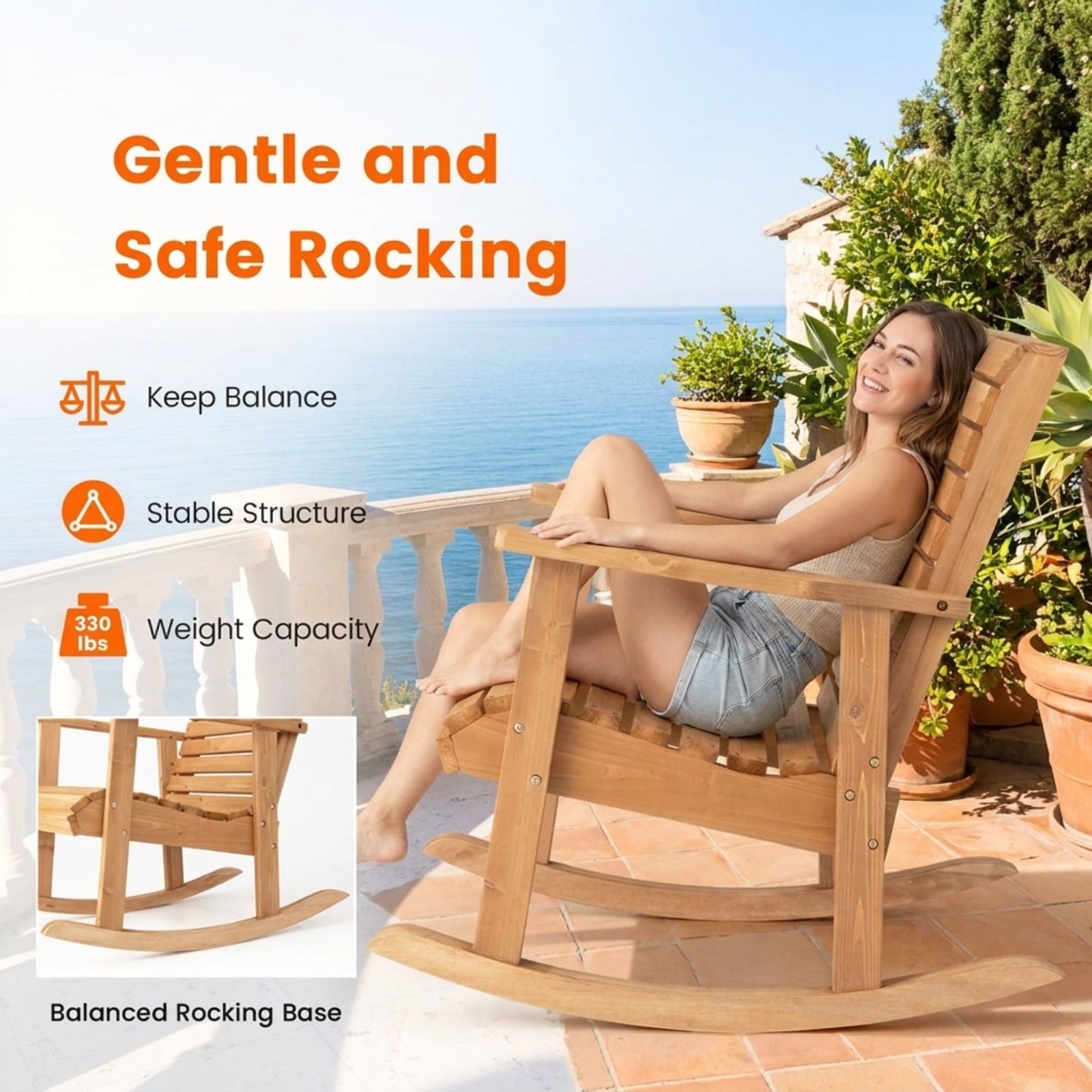 Biotree Outdoor Fir Wood Rocking Chair with High Backrest Stackable Patio Chair for Garden BackyardBrown
