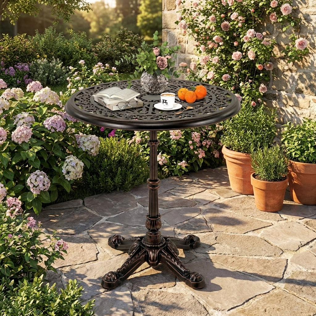 Biotree 27Inch Round Cast Aluminum Patio Bistro Table with Hollow Top, Walnut