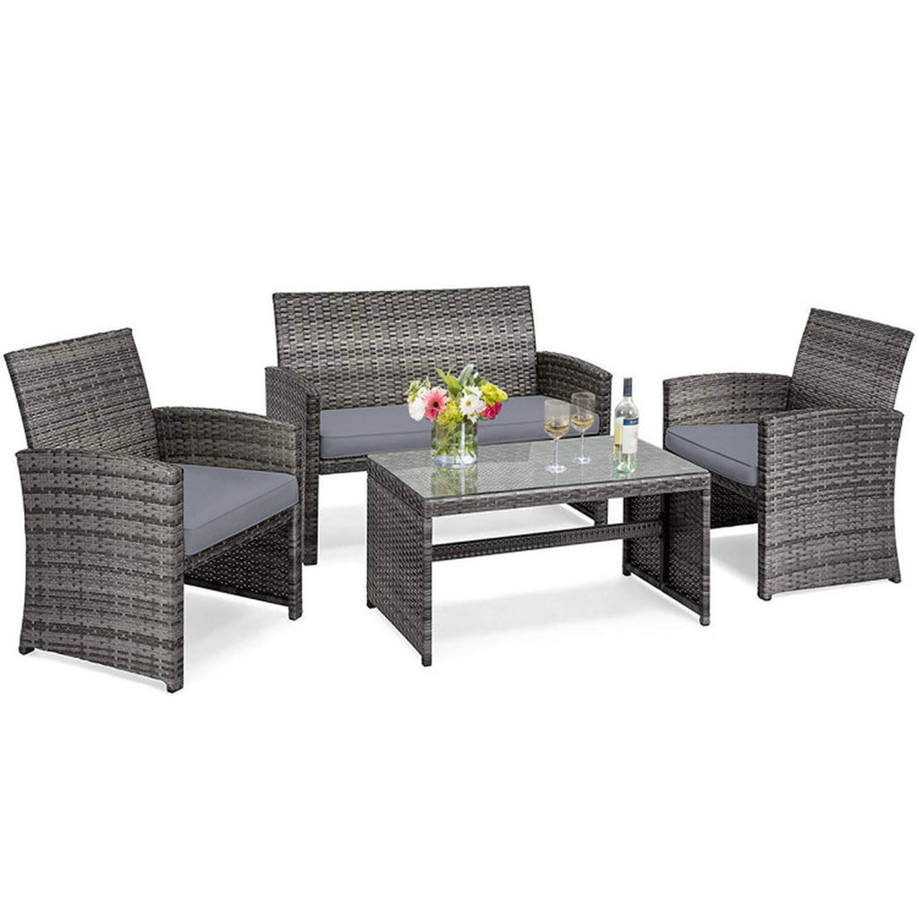 Biotree 4 Pieces Patio Rattan Furniture Set with Glass Table and Loveseat Outdoor Conversation Set for Garden Backyard PorchGray