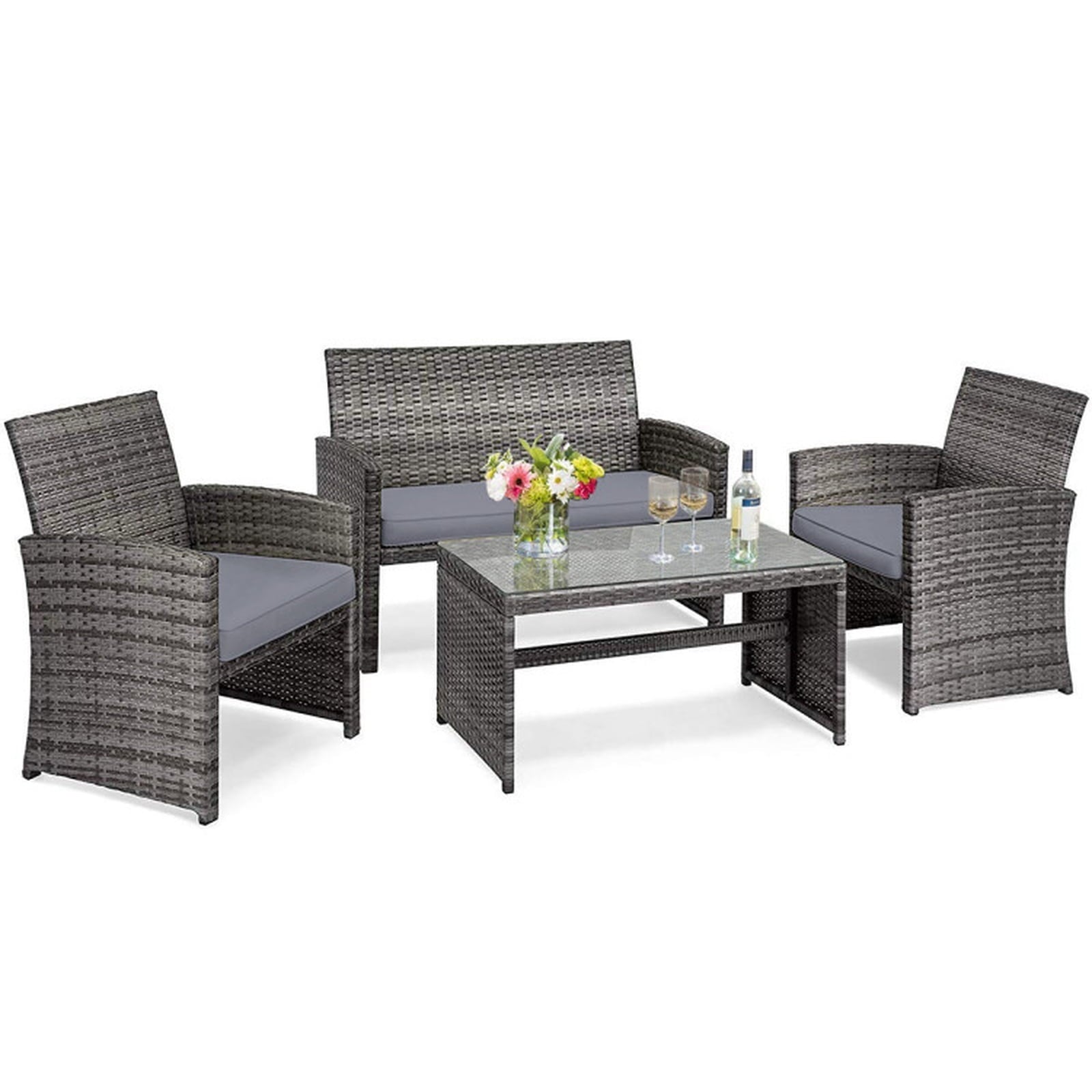 Biotree 4 Pieces Patio Rattan Furniture Set with Glass Table and Loveseat Outdoor Conversation Set for Garden Backyard PorchGray