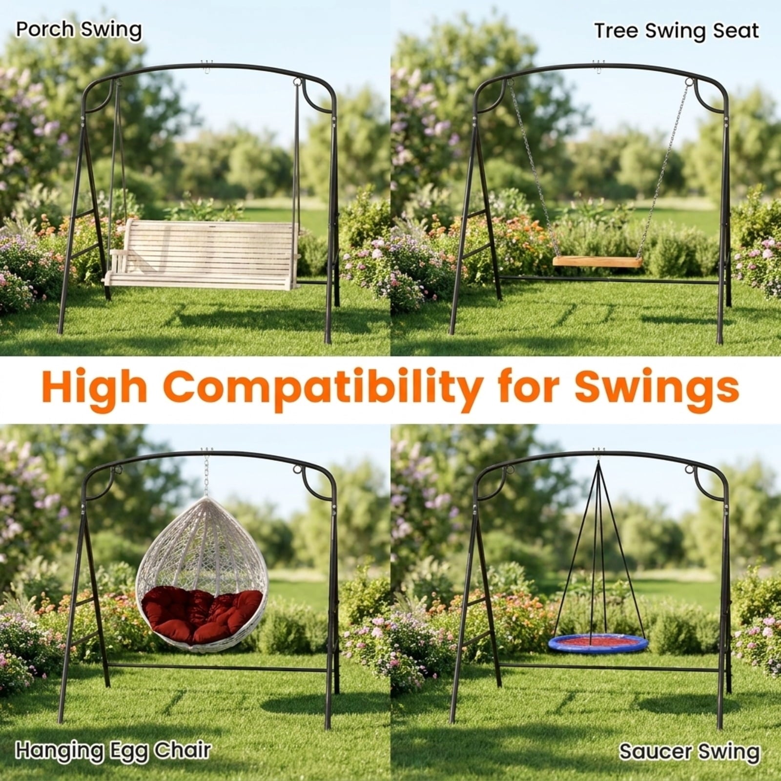 Biotree Outdoor Metal Swing Stand with 4 Support Bars and 2 Hanging Ways for Patio Porch Garden Backyard Outdoor, Black