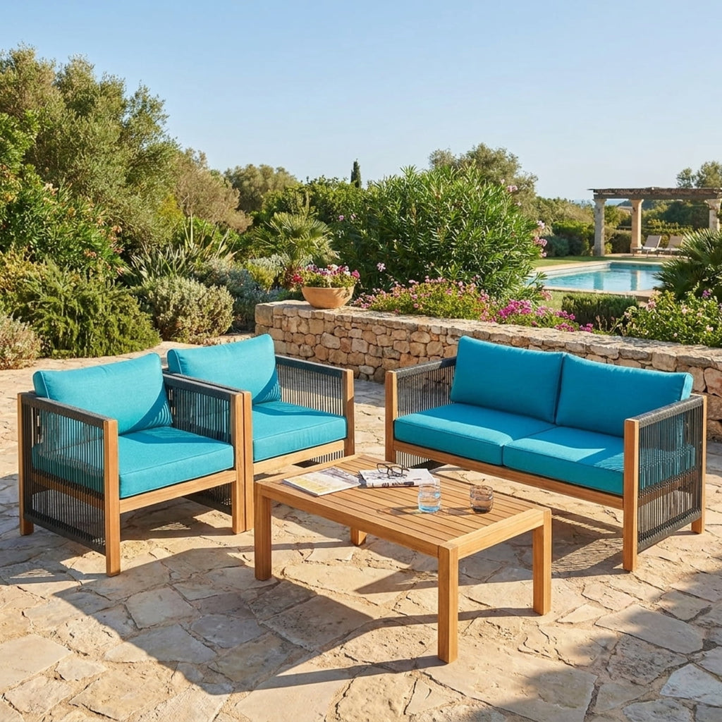 Biotree 4 Pieces Acacia Wood Outdoor Patio Furniture Set with Cushions Outdoor Conversation Set for Garden Backyard PorchTurquoise