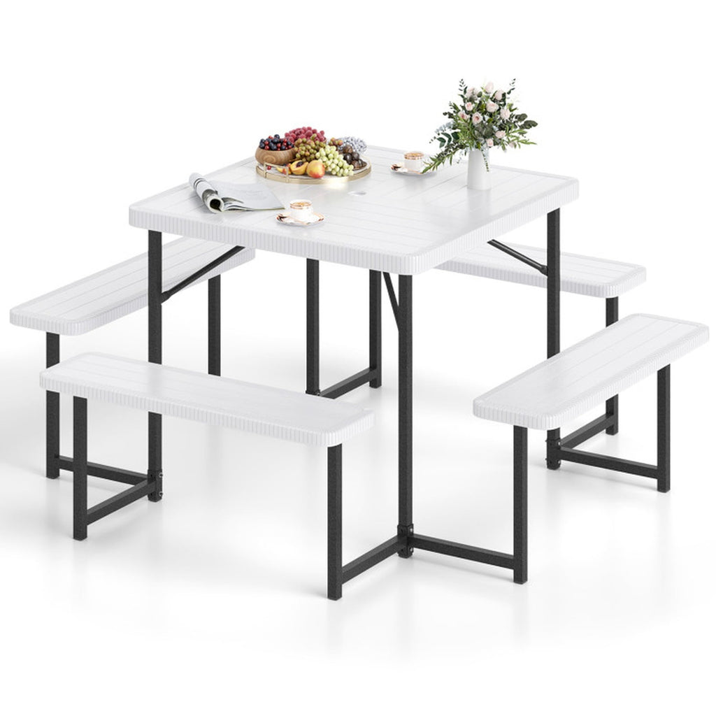 Biotree 63-Inch Outdoor Square Picnic Table Bench Set for 4-8 People with Umbrella Hole, White
