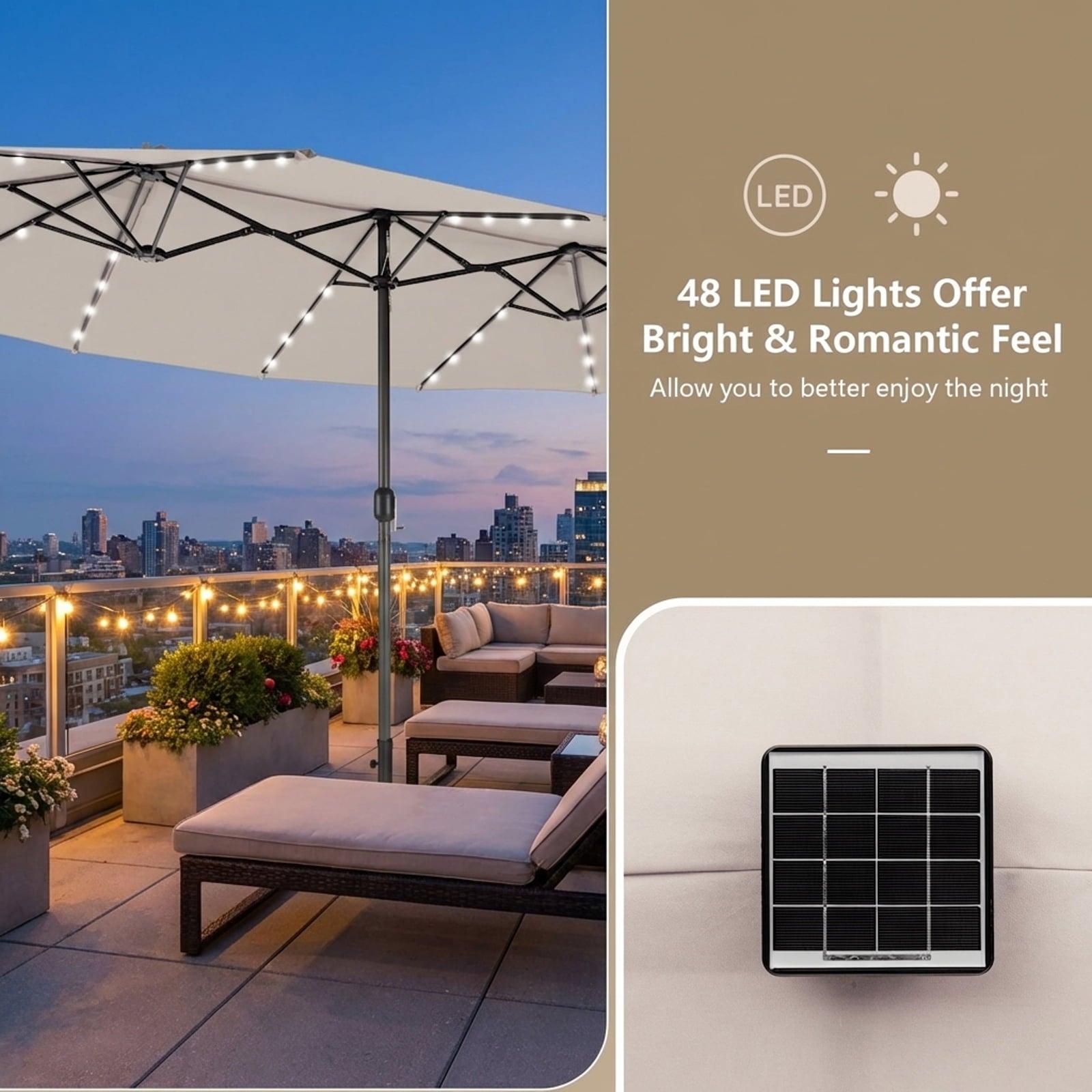 Biotree 15 Feet Double-Sided Patio Umbrella with 48 LED Lights-Beige Outdoor Backyard Deck Garden Pool