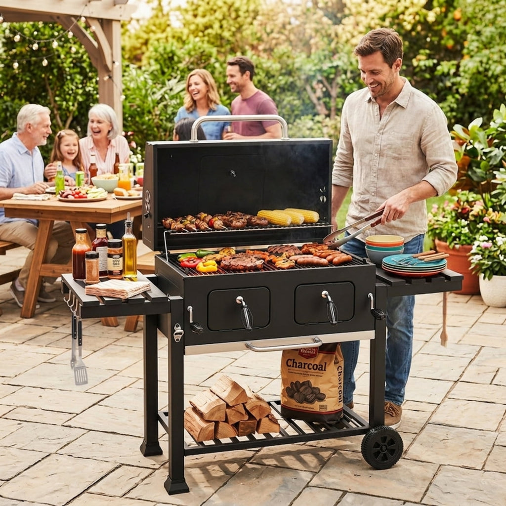 Biotree 780 SQIN Large Charcoal Grill, Outdoor BBQ Grill with Adjustable Charcoal Trays, Protective Cover, Folding Side Tables - Wheels, Portable Charcoal Cooker for Backyard Patio Camping Black
