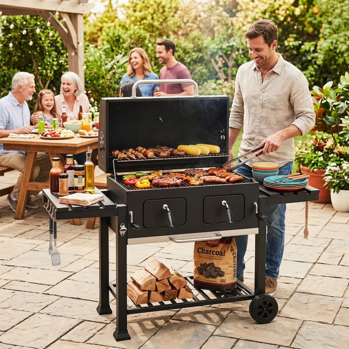 Biotree 780 SQIN Large Charcoal Grill, Outdoor BBQ Grill with Adjustable Charcoal Trays, Protective Cover, Folding Side Tables - Wheels, Portable Charcoal Cooker for Backyard Patio Camping Black