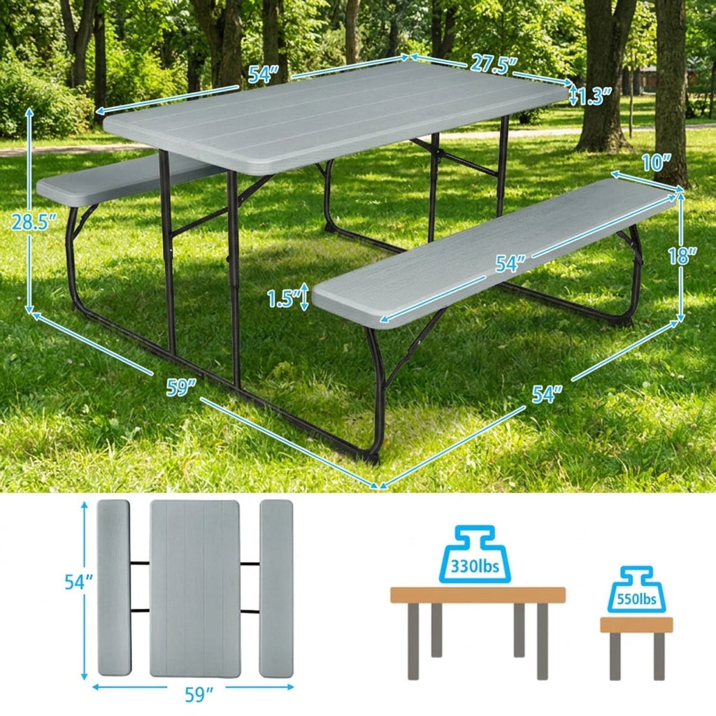 Biotree Indoor and Outdoor Folding Picnic Table Bench Set with Wood-like Texture, Gray
