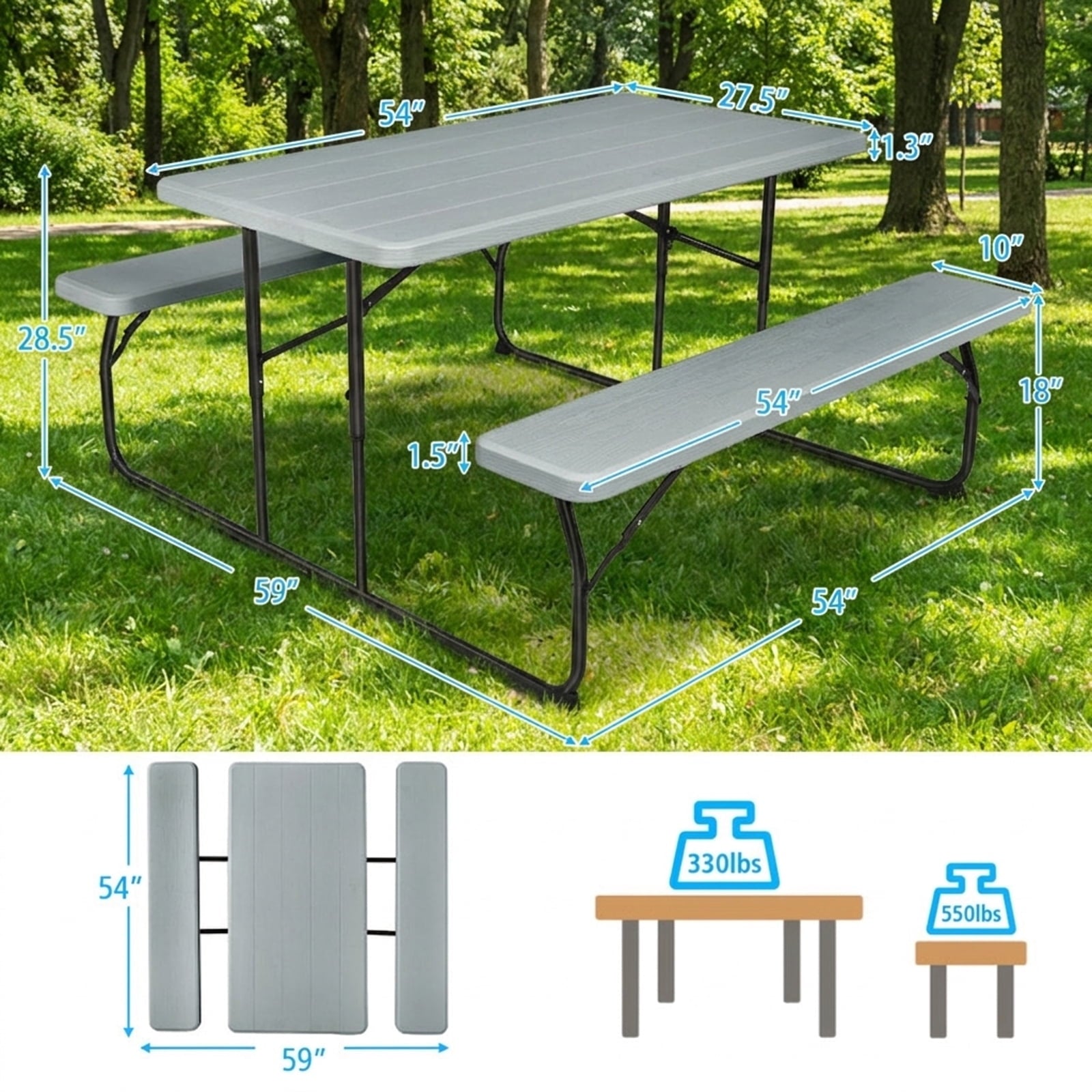 Biotree Indoor and Outdoor Folding Picnic Table Bench Set with Wood-like Texture, Gray