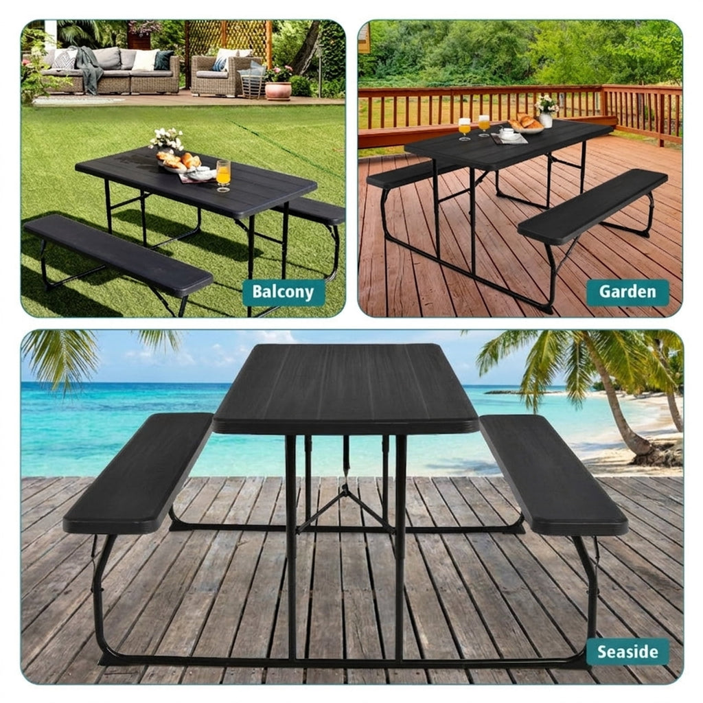 Biotree Indoor and Outdoor Folding Picnic Table Bench Set with Wood-like Texture, Black