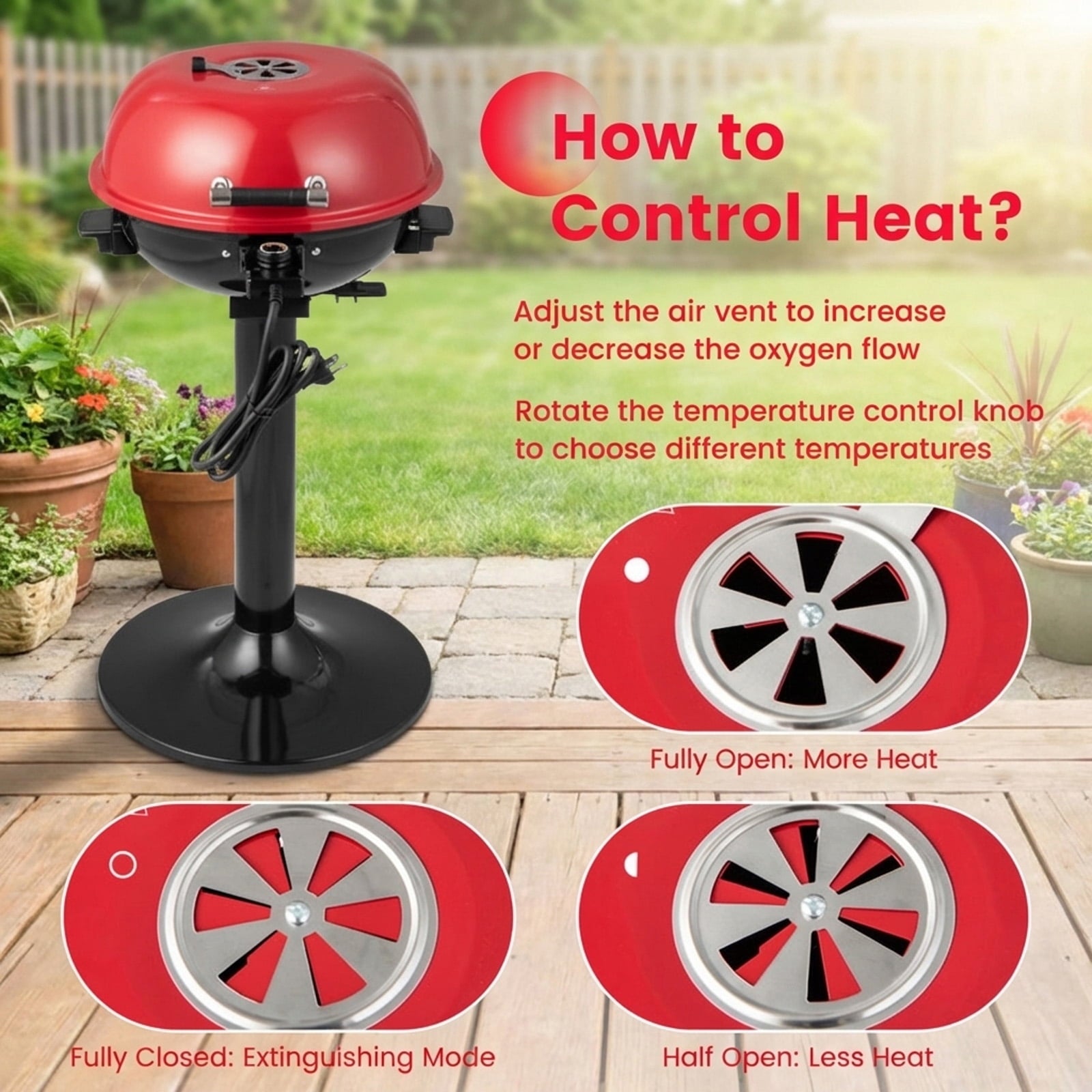 Biotree 1600W Electric BBQ Grill with Removable Non-Stick Warming Rack and Adjustable Temperature Control - Red