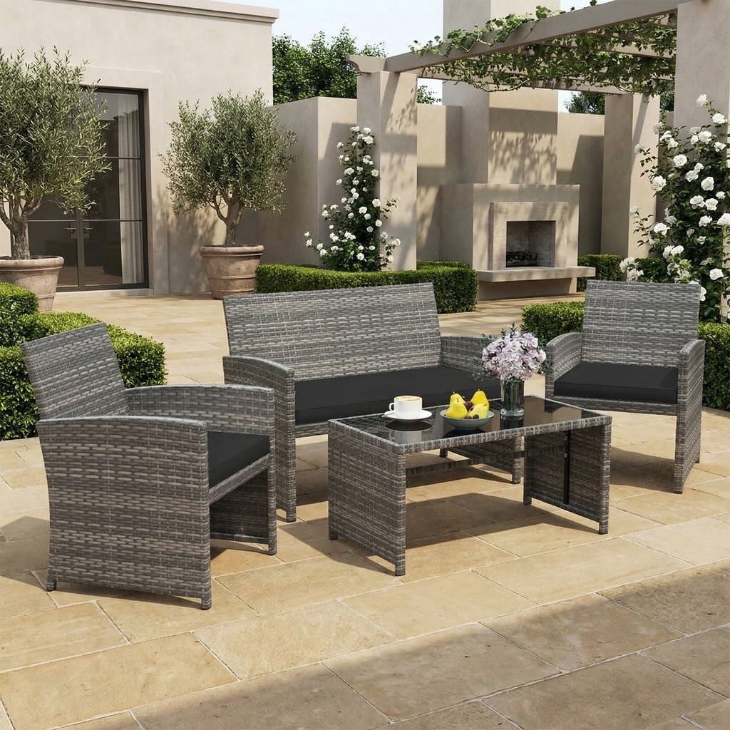 Biotree 4-Piece Patio Rattan Loveseat and Table Set-Black