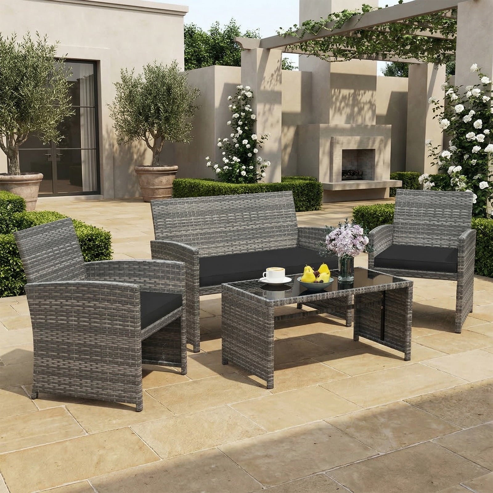 Biotree 4-Piece Patio Rattan Loveseat and Table Set-Black