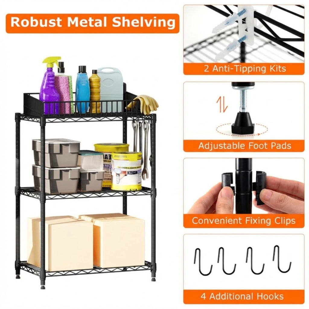 Biotree 3-Tier Metal Storage Shelving Unit with V-Shaped Wire Rack, 450 LBS Capacity Garage Storage Shelves Utility Rack for Kitchen Pantry Basement Office, Black