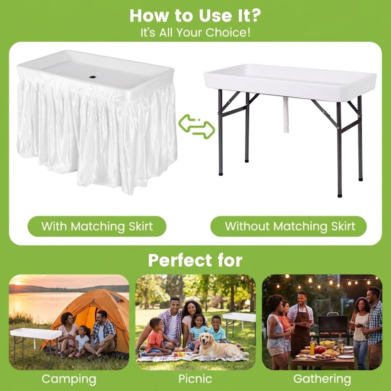 Biotree 4 Feet Folding Ice Cooler Table with Matching Skirt Portable Party Table with Built-In Ice Bin for Events, White