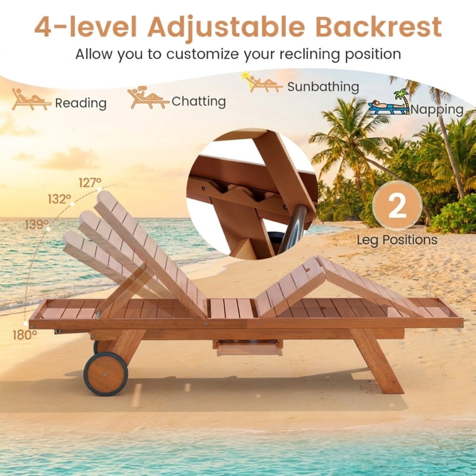Biotree Outdoor Chaise Lounge Chair with Wheels 4-Position Patio Wood Recliner with Adjustable BackrestNatural