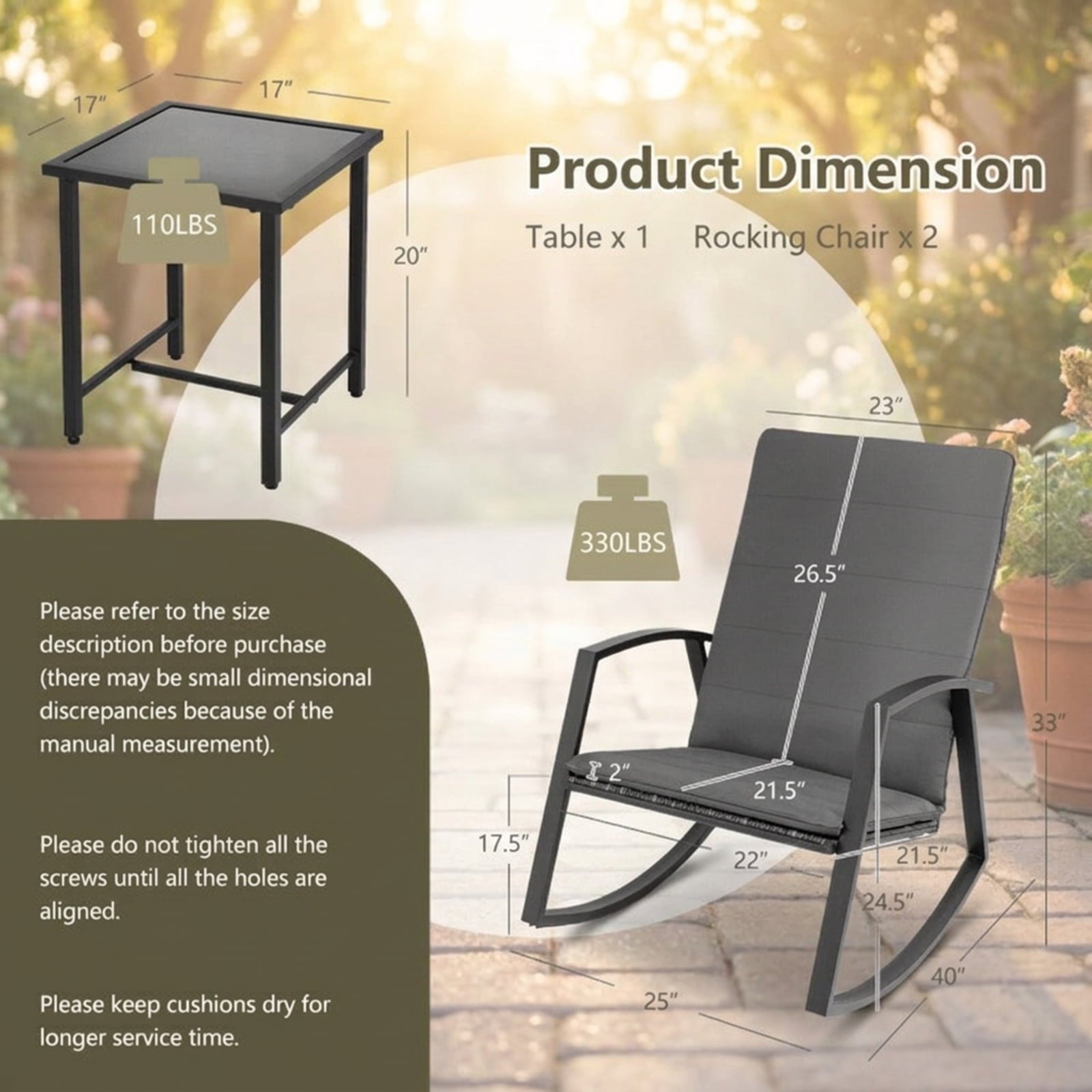 Biotree 3 Pieces Patio Rattan Rocking Furniture Set Outdoor Conversation Set for Garden Backyard PorchGray