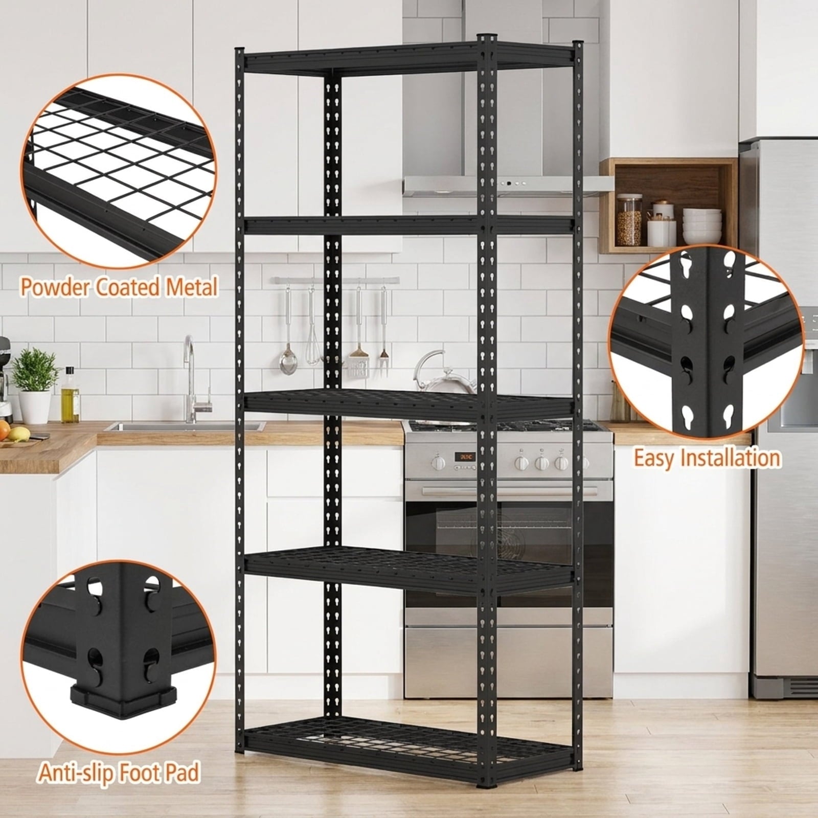 Biotree 5-Tier Metal Shelving Unit Anti-Slip Foot Pad Height Adjustable 1100 lbs Garage - Black