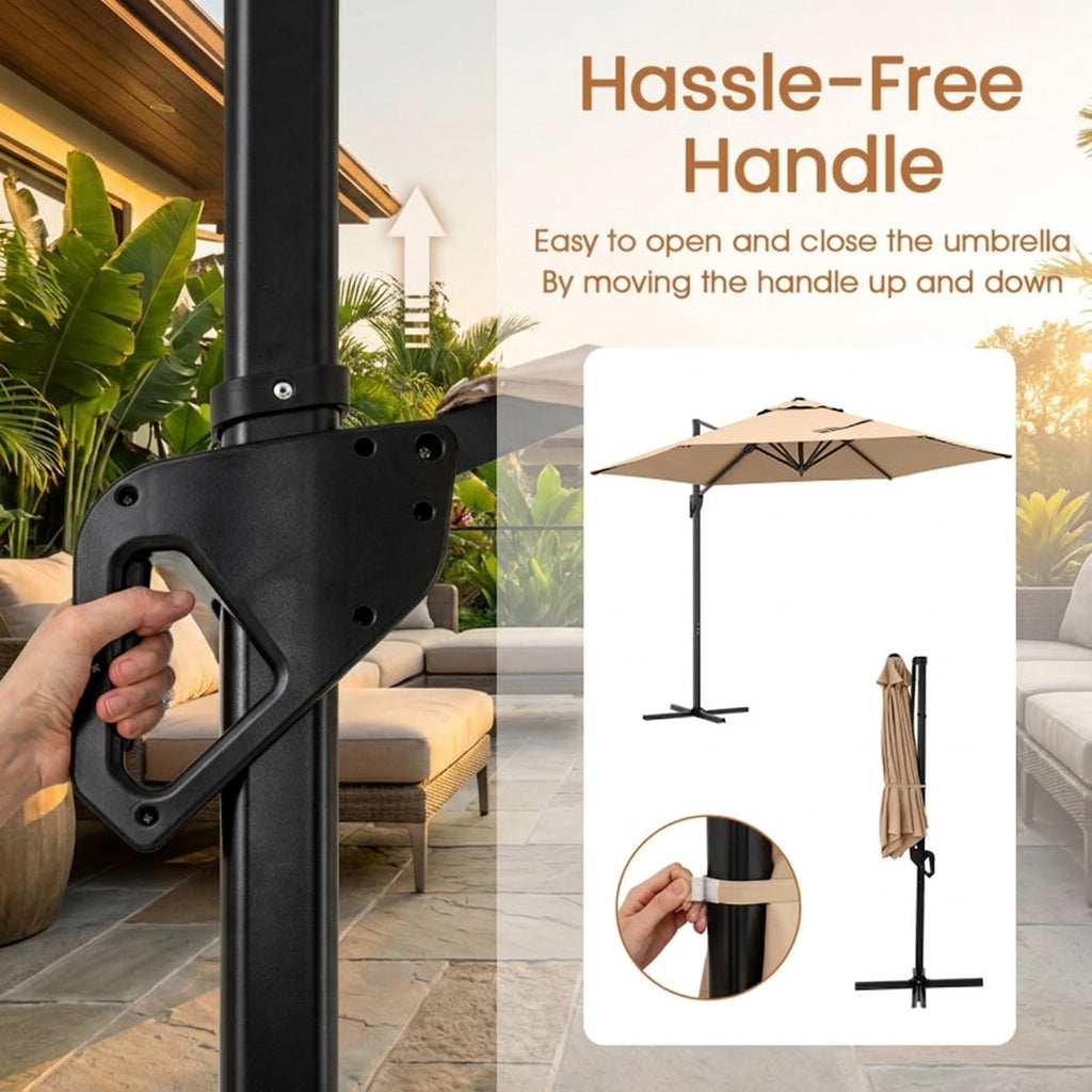 Biotree 9 ft Cantilever Patio Umbrella Offset Hanging with Cross Base, 8 Ribs - Beige for Backyard Garden Poolside