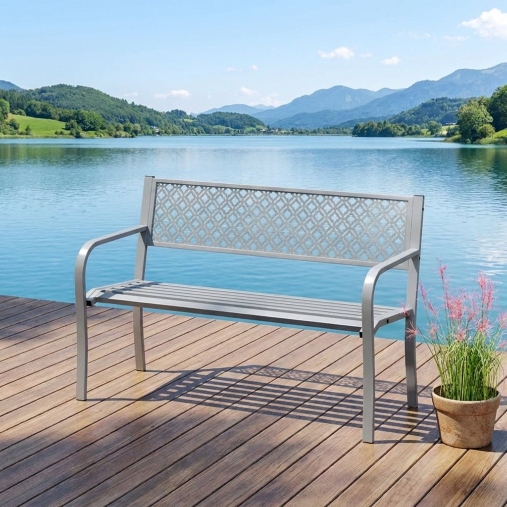 Biotree 50 Inches Outdoor Garden Bench with Geometric Lattice Backrest and Slatted Seat Stackable Patio Chair for Garden BackyardGray