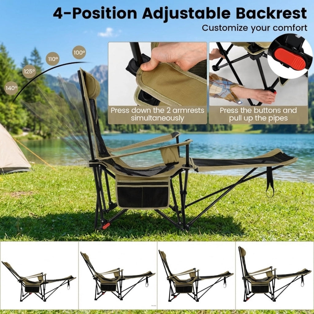 Biotree Reclining Camping Chair with Removable Footrest 4-Position Adjustable Backrest Portable Folding Outdoor Lounge Chair, Green