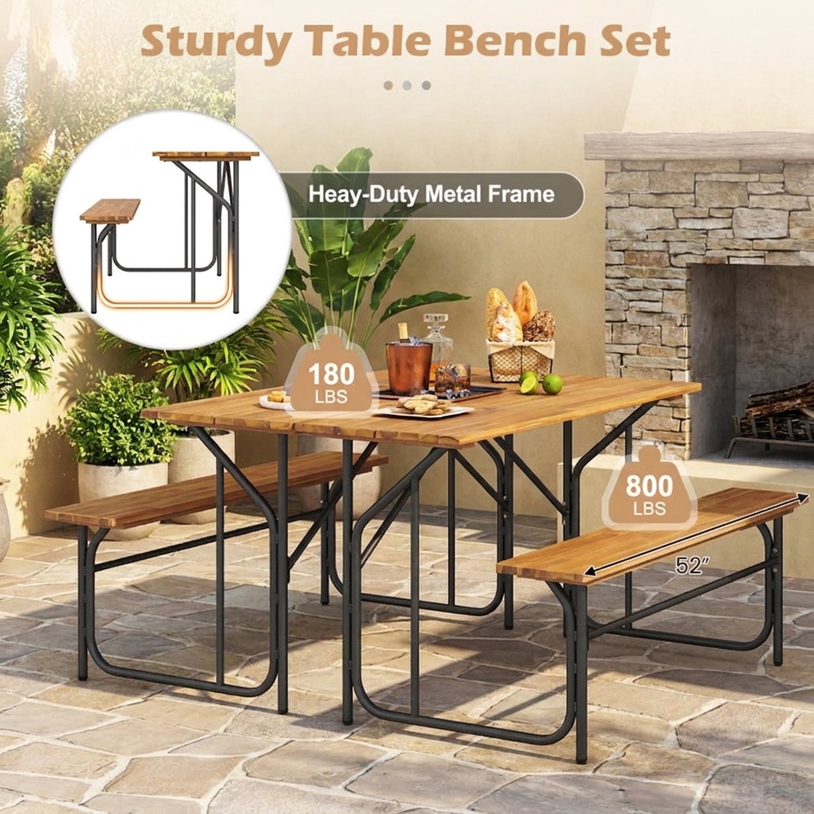 Biotree Acacia Wood Patio Table Bench for 2 People One-Side Picnic Table, Black