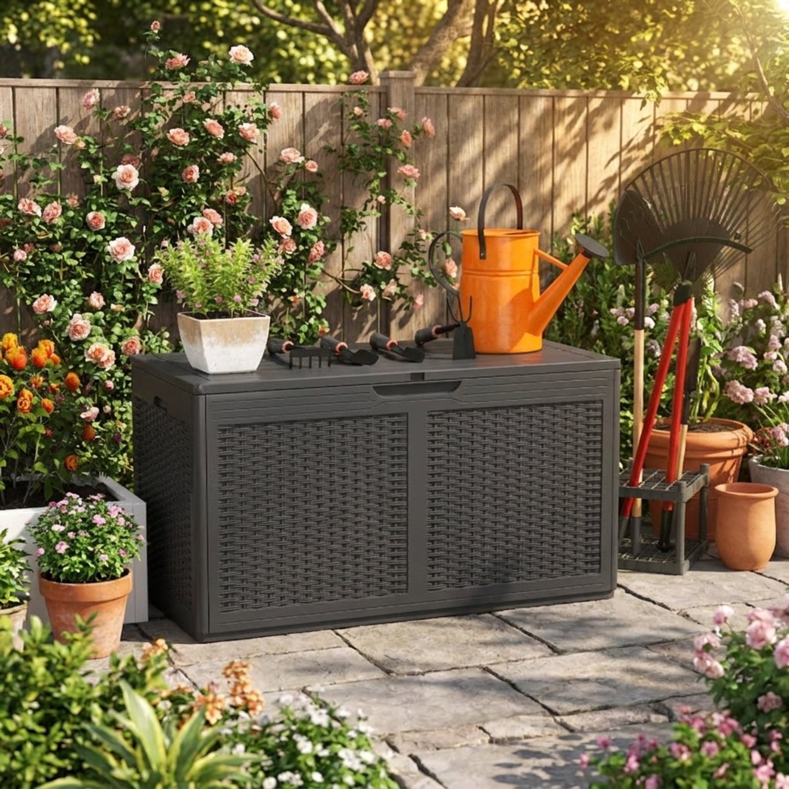 Biotree 100 Gallon Resin Deck Box Outdoor Waterproof Storage Bench Outdoor Waterproof for Patio Deck Garden Cushions, Gray
