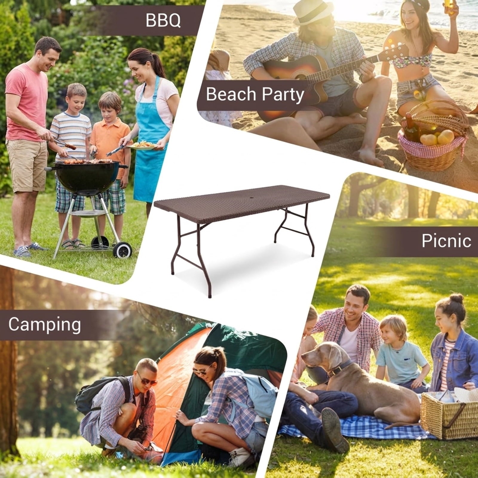 Biotree 6 Feet Folding Portable Rattan Table with Carrying Handle, Brown