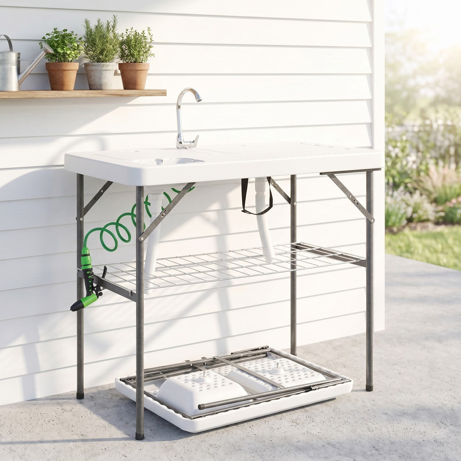 Biotree 2-in-1 Folding Fish Cleaning Table with Sink and Faucet Portable Fish Fillet Station for Outdoor Fishing, White