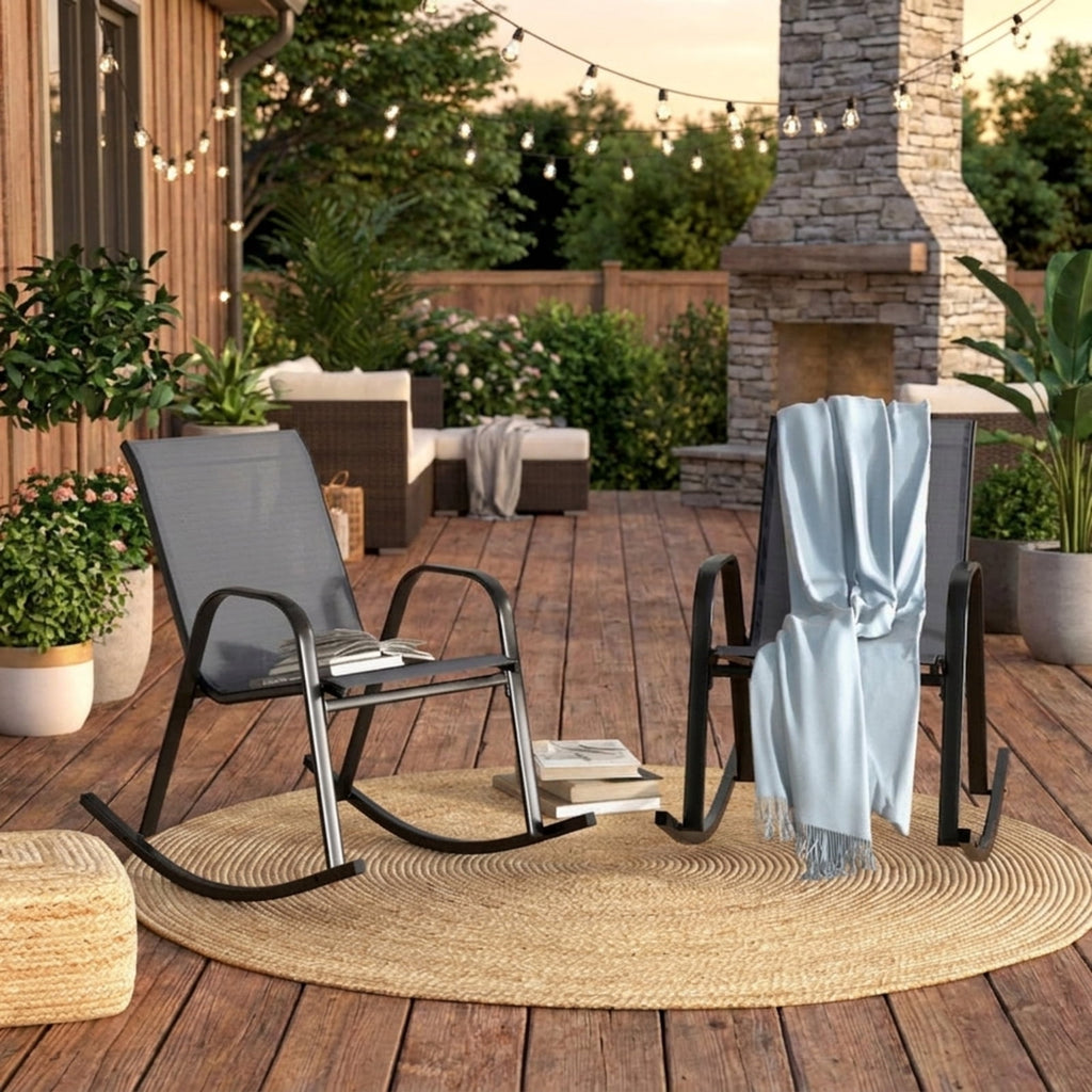 Biotree Set of 2 Metal Patio Rocking Chair with Breathable Seat Fabric Stackable Patio Chair for Garden BackyardGray