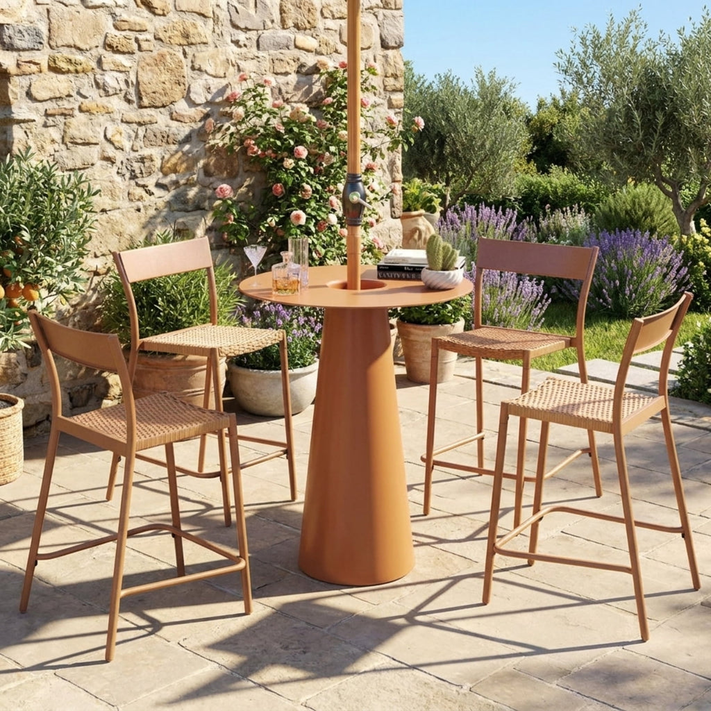Biotree Patio Barstools Set of 4 with Rattan Seat and Metal Backrest Stackable Patio Chair for Garden BackyardLight Brown