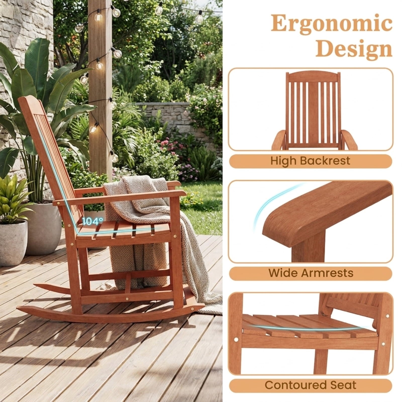 Biotree Outdoor Rocking Chair Solid Wood High Back Rocker with Slatted Seat Stackable Patio Chair for Garden BackyardNatural