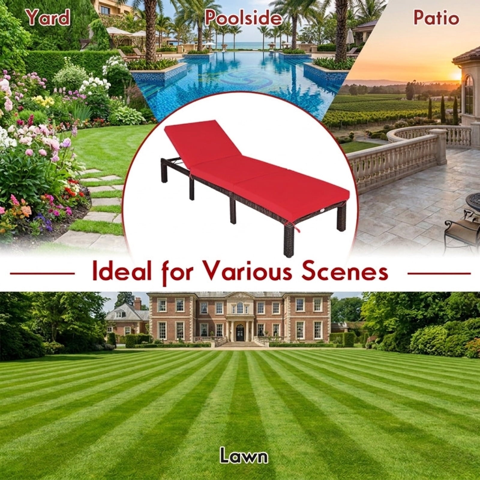 Biotree Outdoor Rattan Adjustable Cushioned Chaise Stackable Patio Chair for Garden BackyardRed