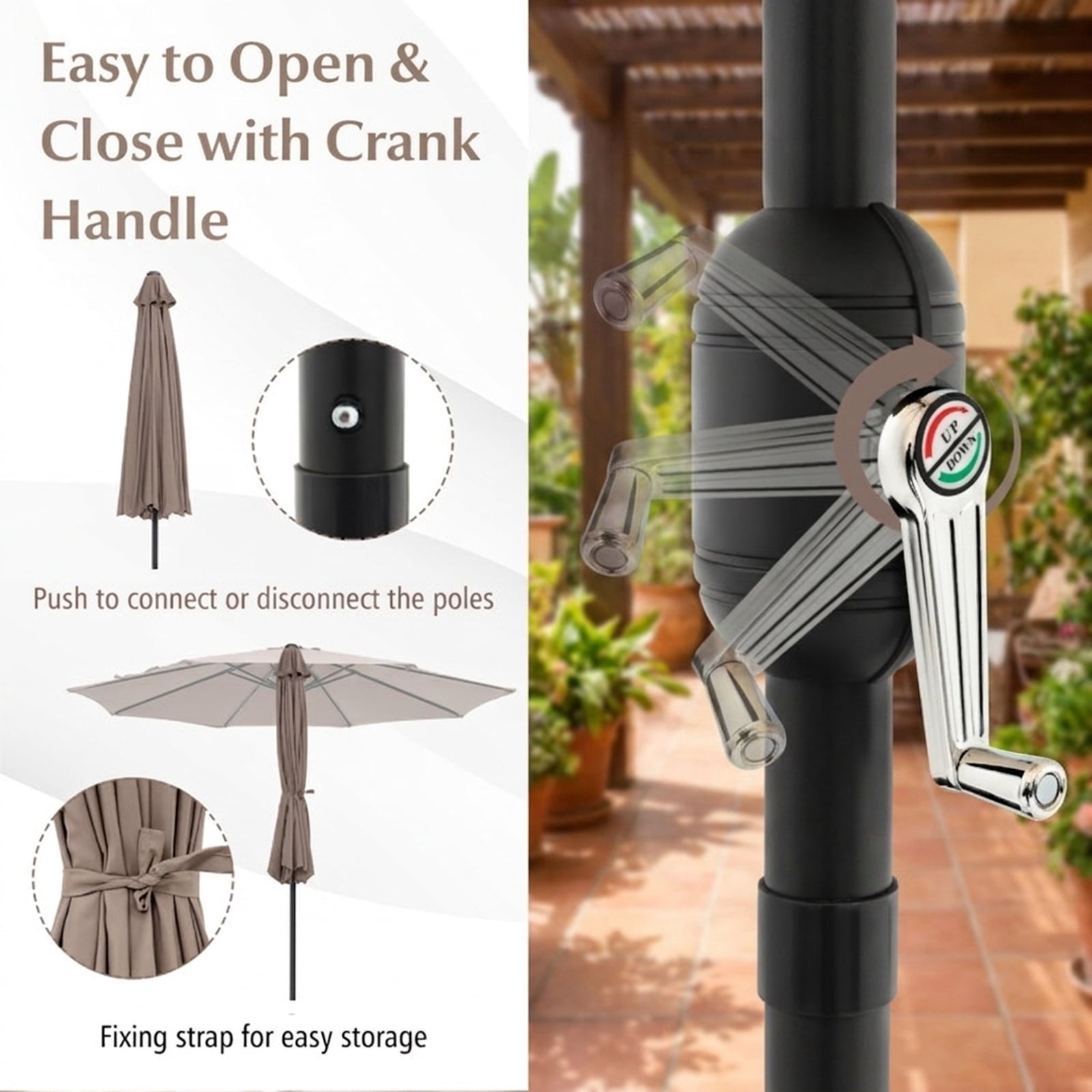 Biotree 10 ft Market Patio Umbrella with Crank and Tilt, 8 Sturdy Ribs, Vented Canopy - Tan for Backyard