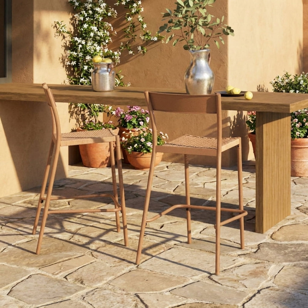 Biotree Patio Barstools Set of 4 with Rattan Seat and Metal Backrest Stackable Patio Chair for Garden BackyardLight Brown