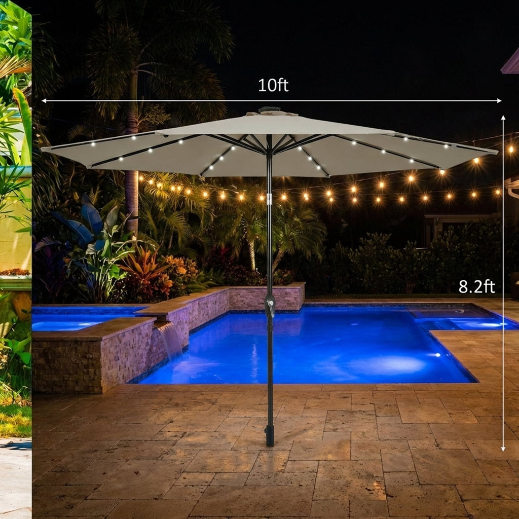 Biotree 10 Solar LED Lighted Patio Market Umbrella Shade Tilt Adjustment Crank-Tan Outdoor Backyard