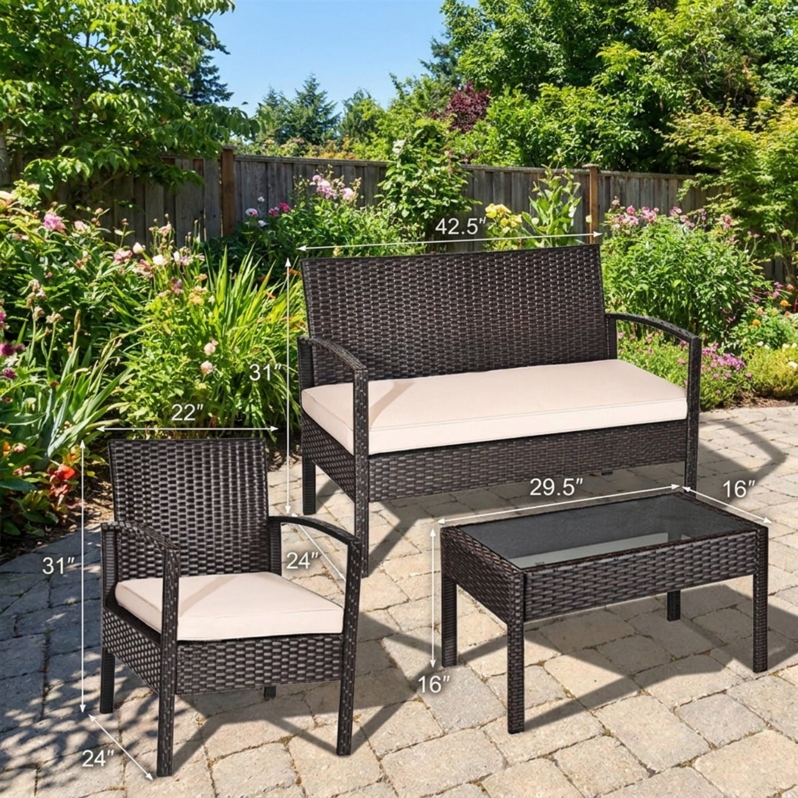Biotree 4 Pieces Patio Rattan Conversation Set with Loveseat Sofas and Coffee Table Outdoor Conversation Set for Garden Backyard Porch
