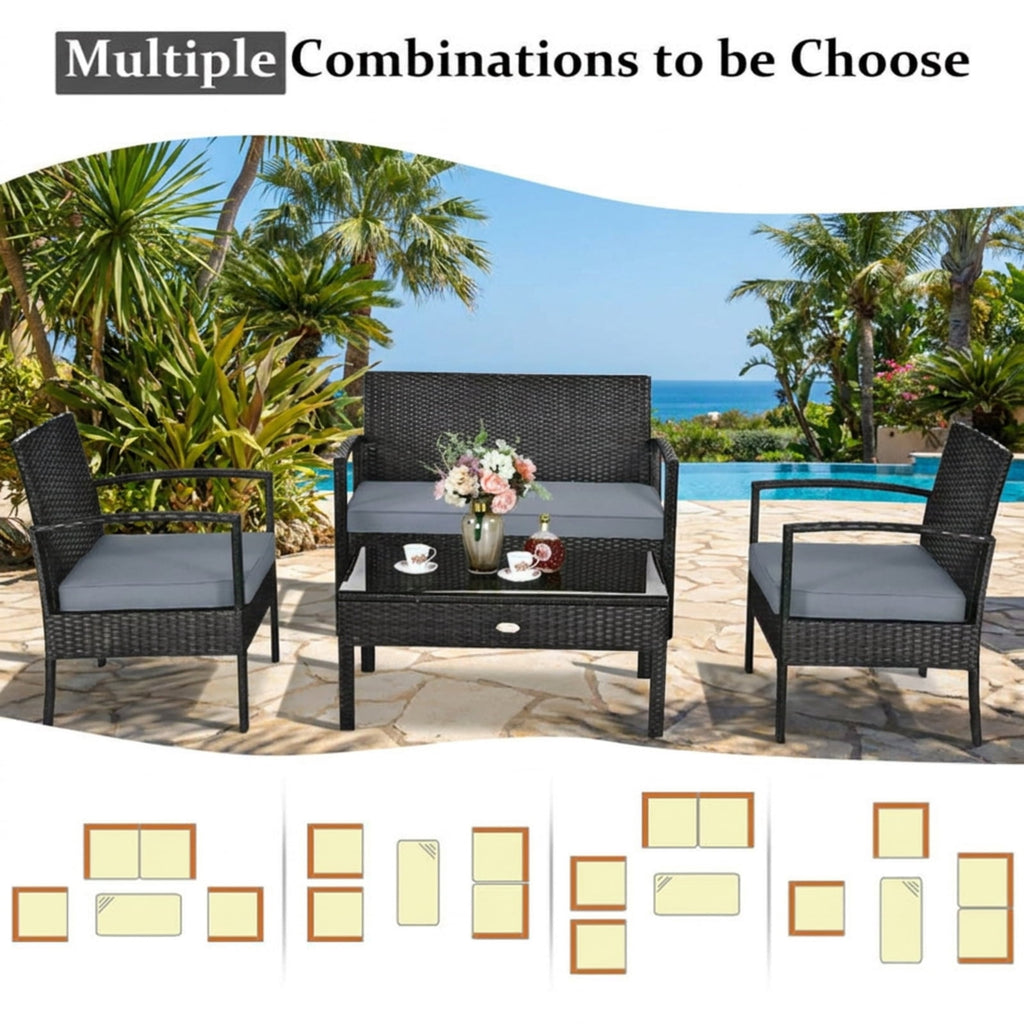 Biotree 4 Pieces Patio Rattan Cushioned Furniture Set Outdoor Conversation Set for Garden Backyard PorchGray