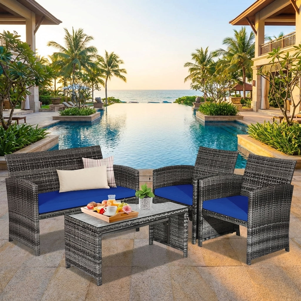 Biotree 4-Piece Patio Rattan Furniture Set with Glass Table-Navy