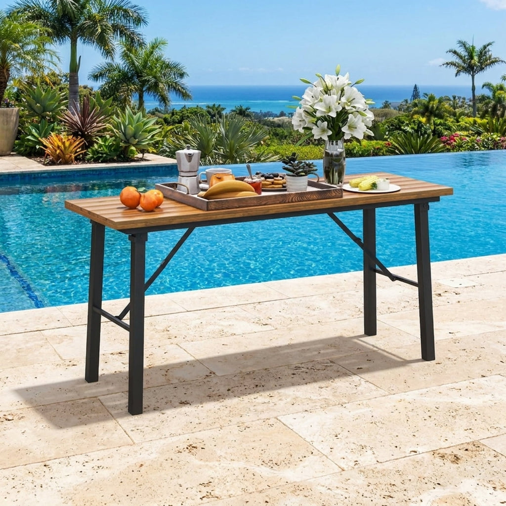 Biotree Folding Picnic Table Acacia Wood Dining Table with Metal Frame for Indoor Outdoor Activities, Natural