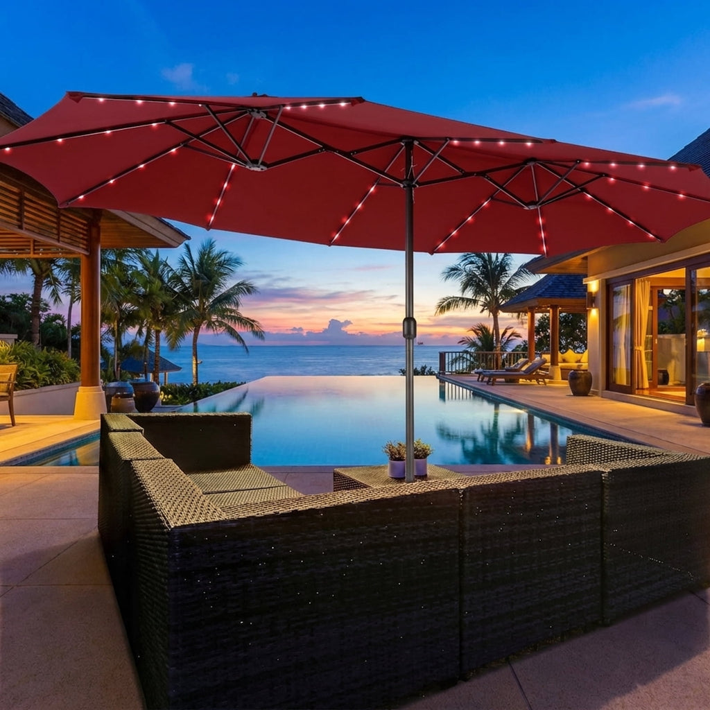 Biotree 15 Feet Double-Sided Patio Umbrella with 48 LED Lights-Dark Red Outdoor Backyard Deck Garden