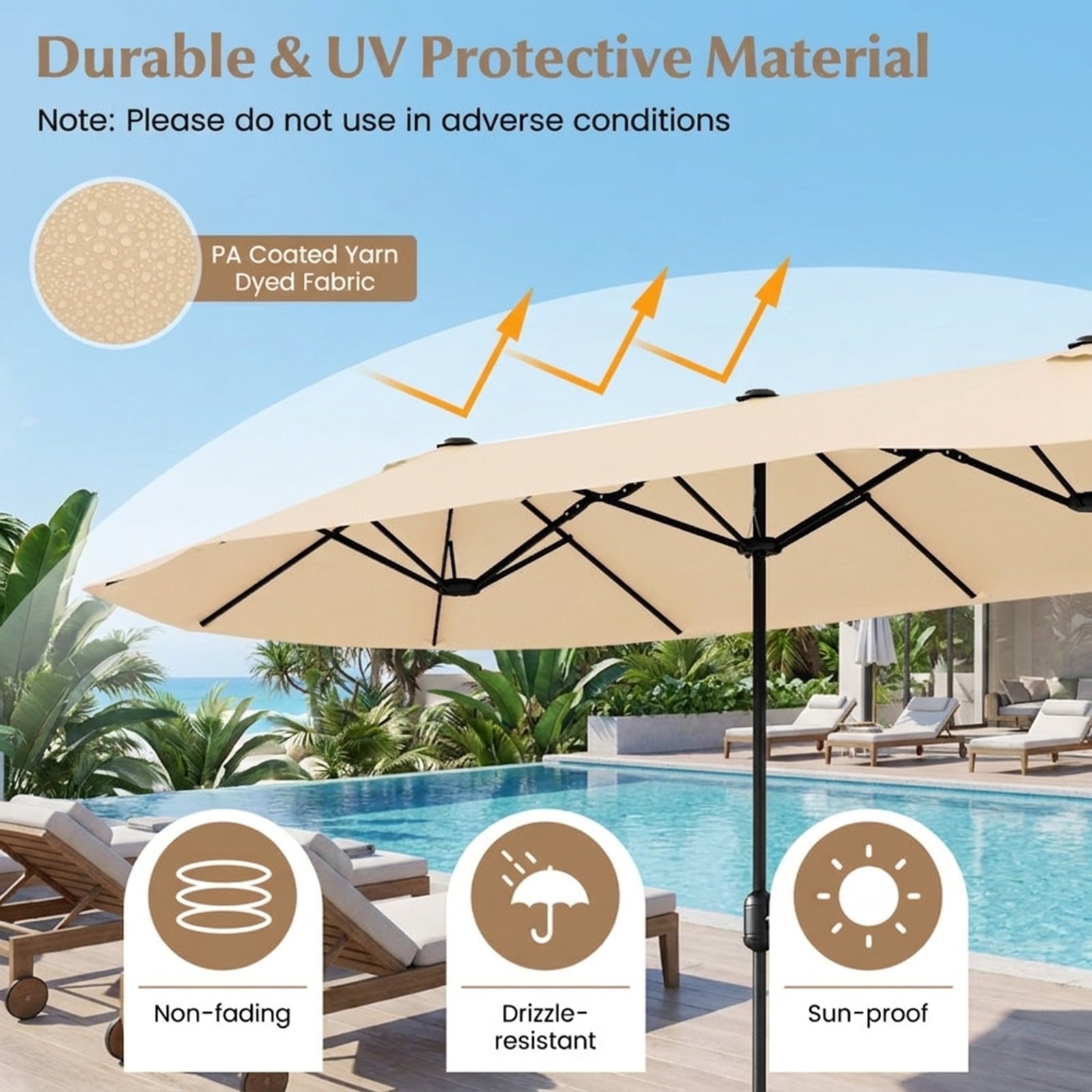 Biotree 13 ft Double-Sided Twin Patio Umbrella Crank Tilt Outdoor Shade - Beige - UV Protection with Cross Base