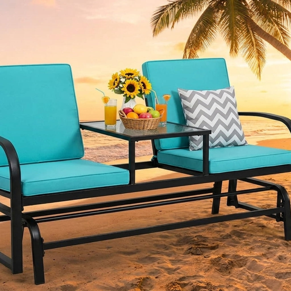 Biotree 2-Person Double Rocking Loveseat with Mesh Fabric and Center Tempered Glass TableTurquoise