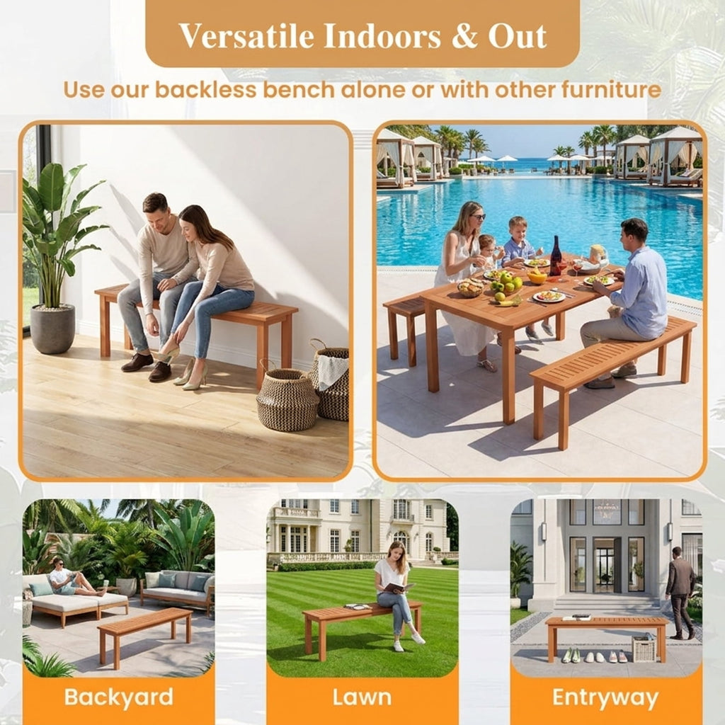 Biotree Outdoor 59 Inch Long Patio Dining Backless Wooden Bench with Teak Oil Finish Stackable Patio Chair for Garden BackyardNatural