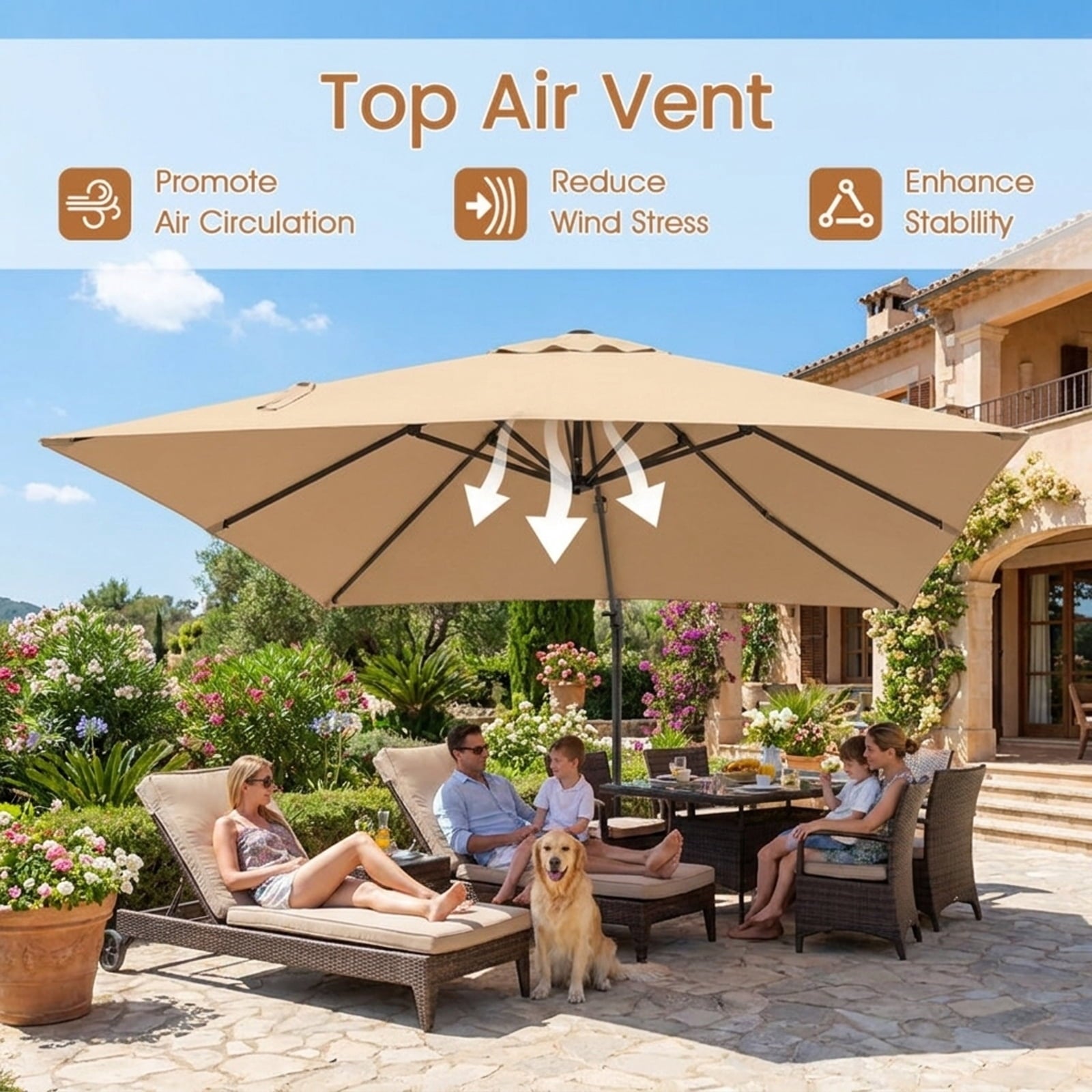 Biotree 9 ft Cantilever Patio Umbrella Offset Hanging with Cross Base, 8 Ribs - Beige for Backyard Garden Poolside