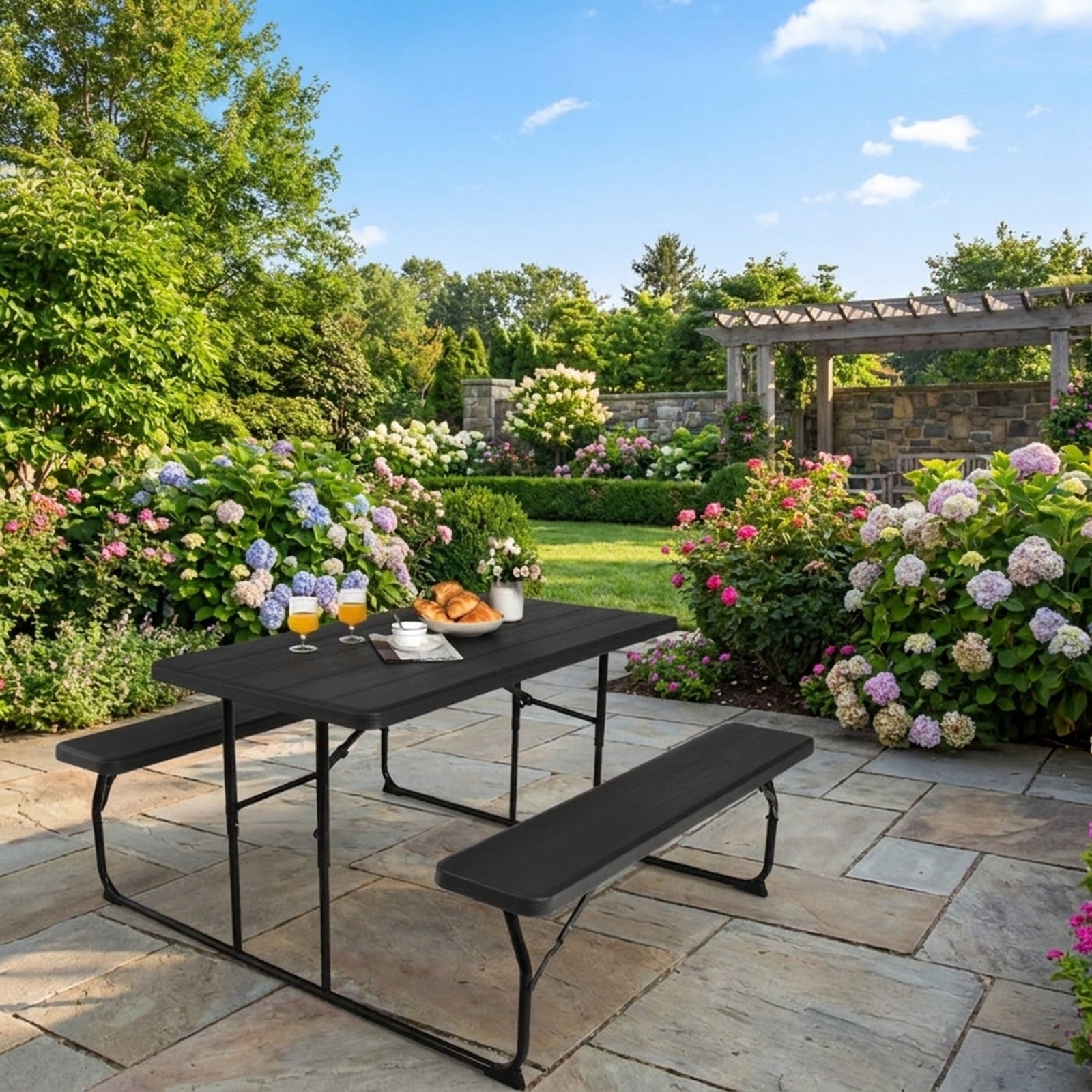 Biotree Indoor and Outdoor Folding Picnic Table Bench Set with Wood-like Texture, Black