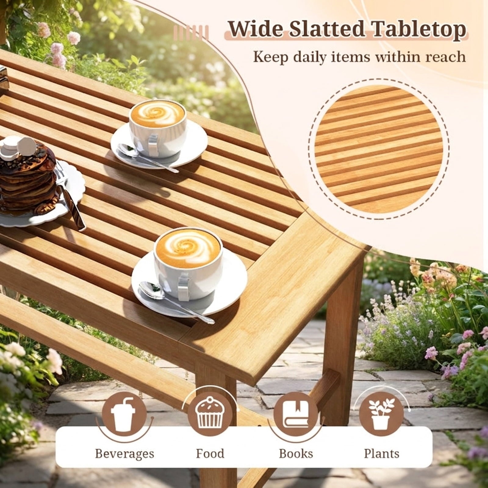 Biotree Patio Coffee Table 36 Inch Rectangular Outside Side Table with Slatted Tabletop, Natural