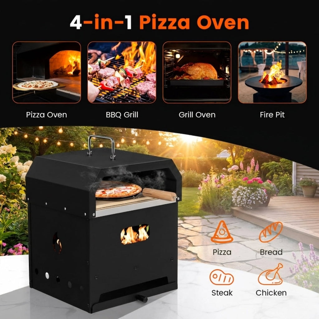 Biotree 4-in-1 Outdoor Portable Pizza Oven with 12 Inch Pizza Stone for Outdoor Backyard Camping Patio BBQ, Black