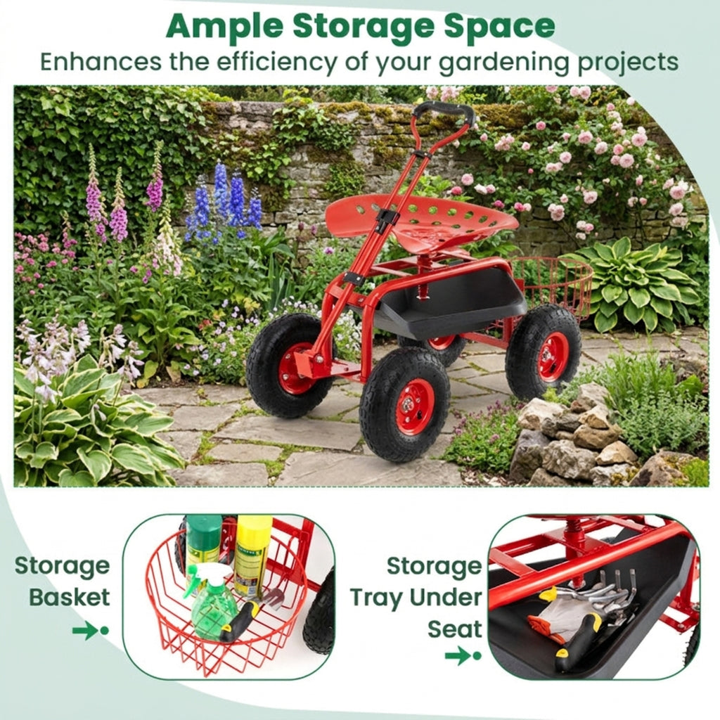 Biotree Rolling Garden Cart with 360¡ã Swivel Seat, Height Adjustable Garden Scooter, Heavy Duty Yard Cart with Tool Tray and Storage Basket for Gardening Weeding Yard Work Red