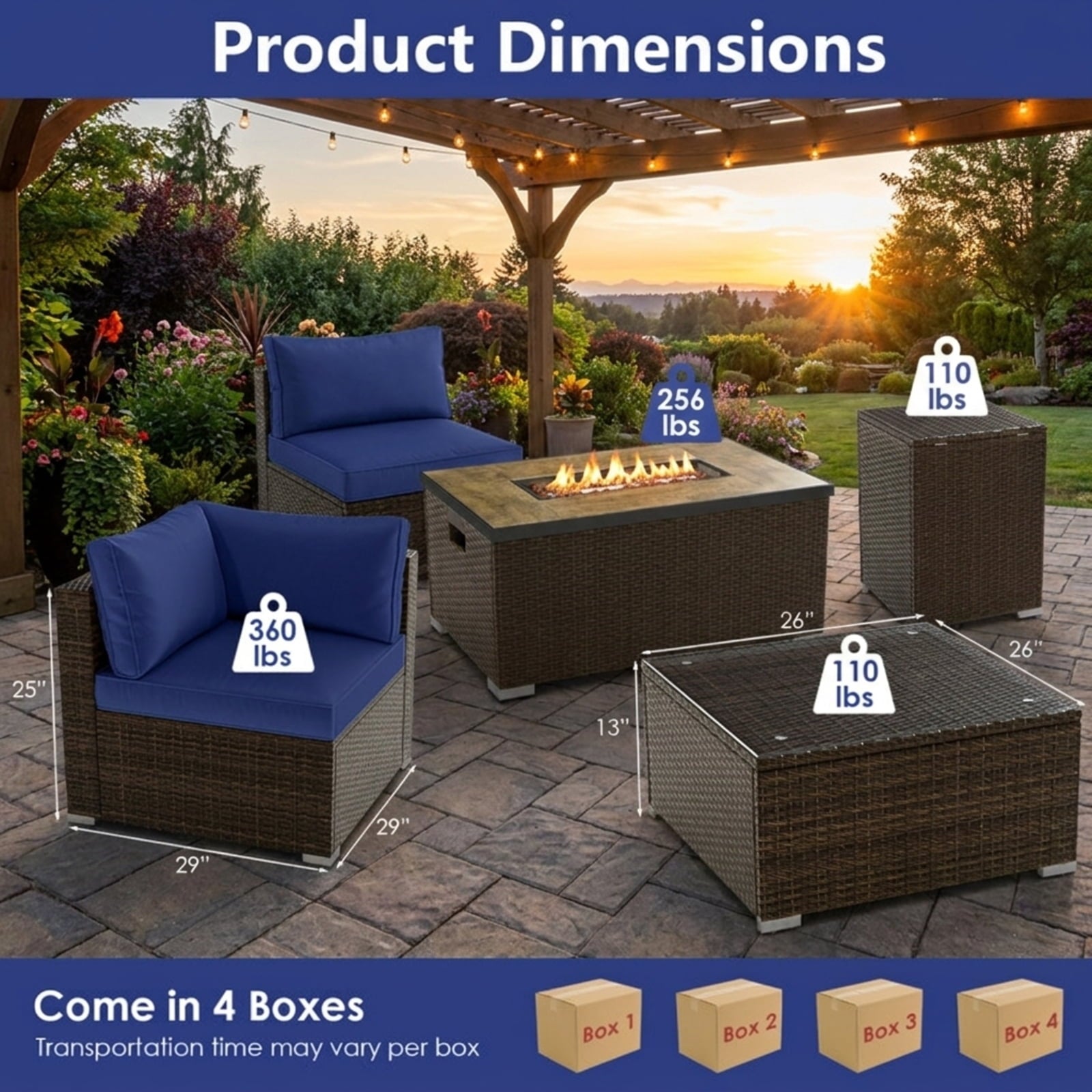 Biotree 7 Pieces Outdoor Furniture Set with 32 Inch Fire Pit Table and Propane Tank Cover Outdoor Conversation Set for Garden Backyard PorchNavy