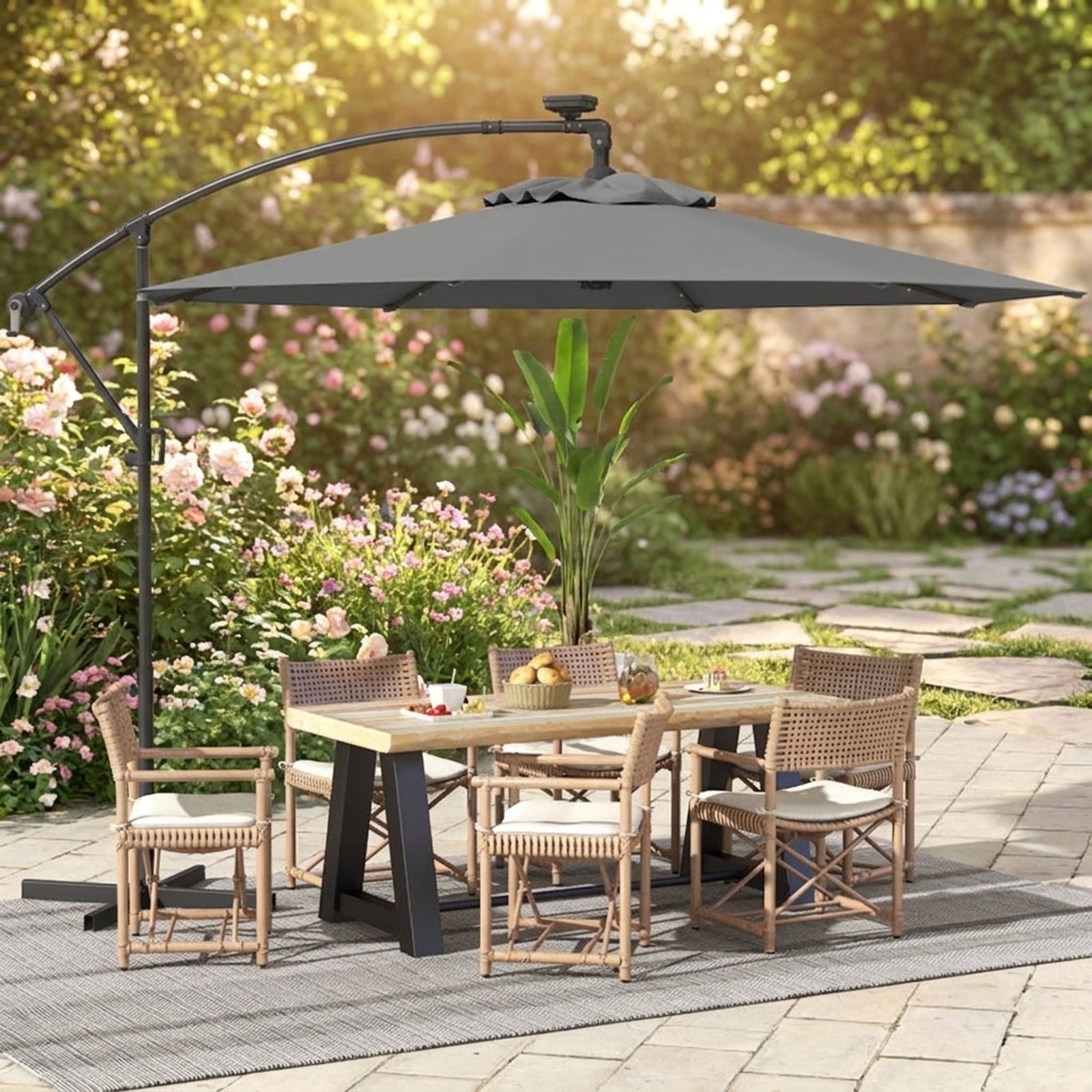 Biotree 10 ft Cantilever Offset Patio Umbrella Solar LED Lights Outdoor Shade - Gray - UV Protection